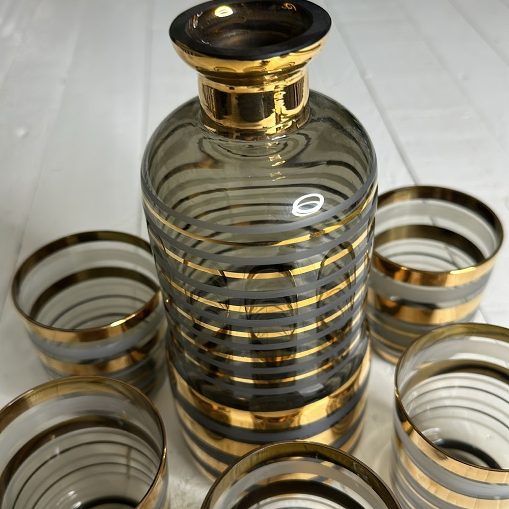 🎀Gold&Smoky gray Glassware Mid-century Modern Liquor Decanter5 Cordial Glasses - Picture 9 of 12